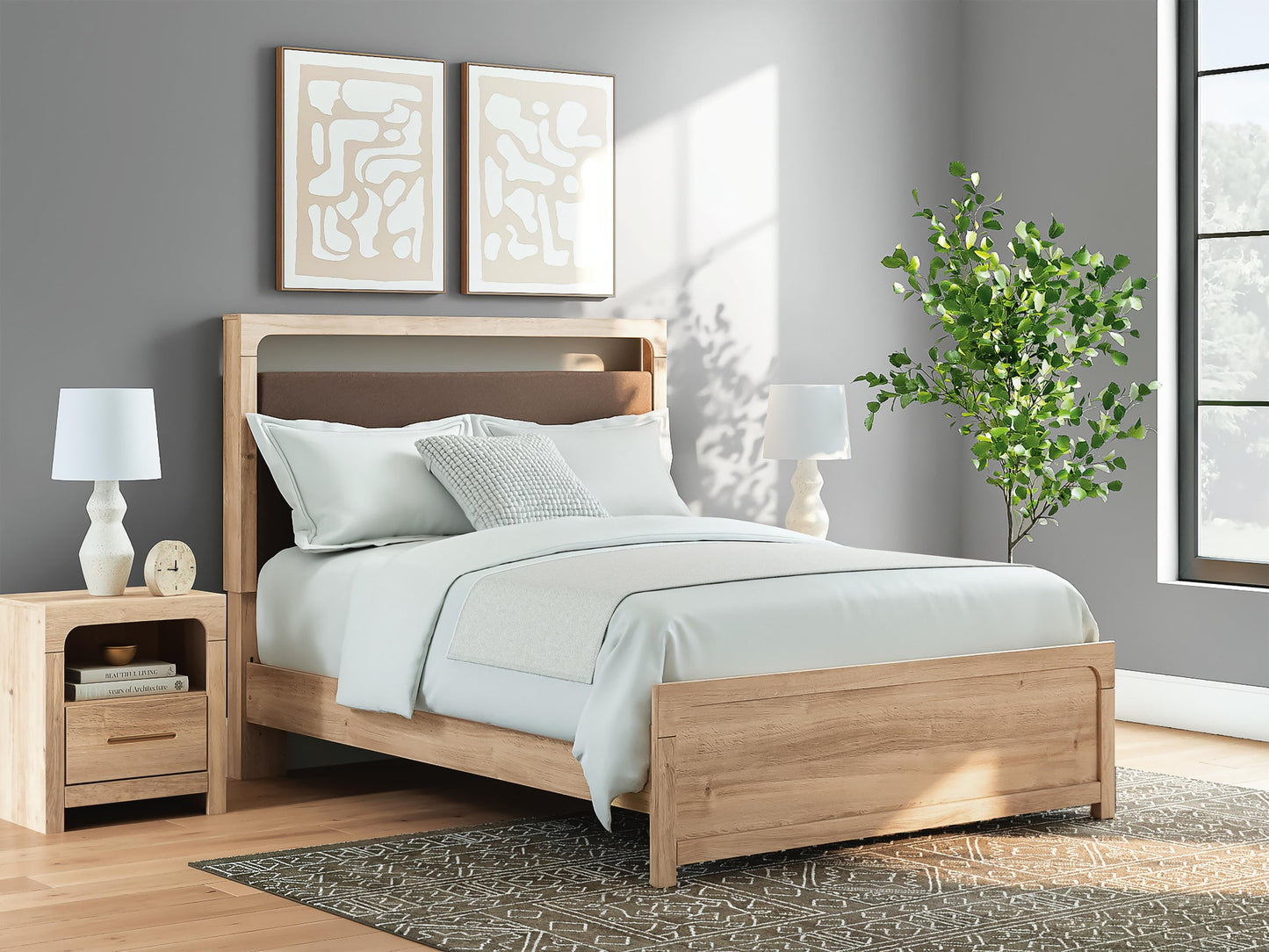 Hollymount Queen Upholstered Platform Bed, Dresser, Mirror and Nightstand
