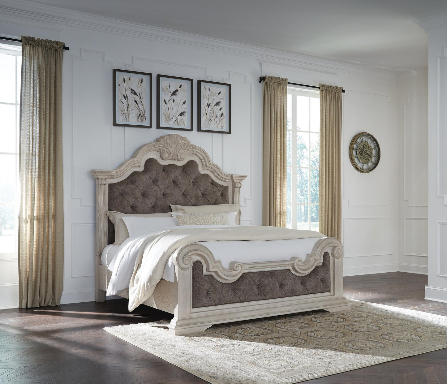 Andonhall King Upholstered Panel Bed with Mirrored Dresser and Nightstand