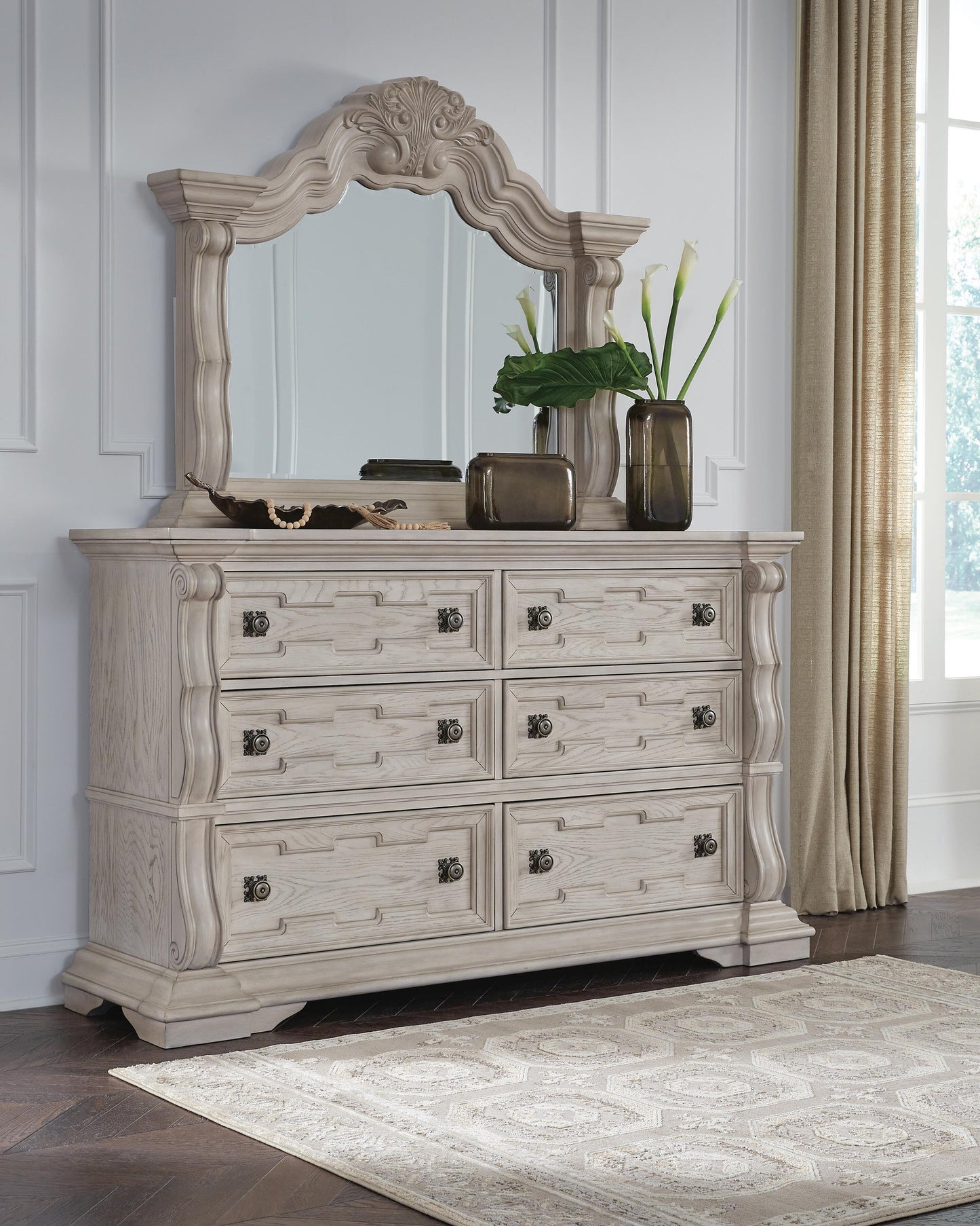 Andonhall King Upholstered Panel Bed with Mirrored Dresser and Nightstand