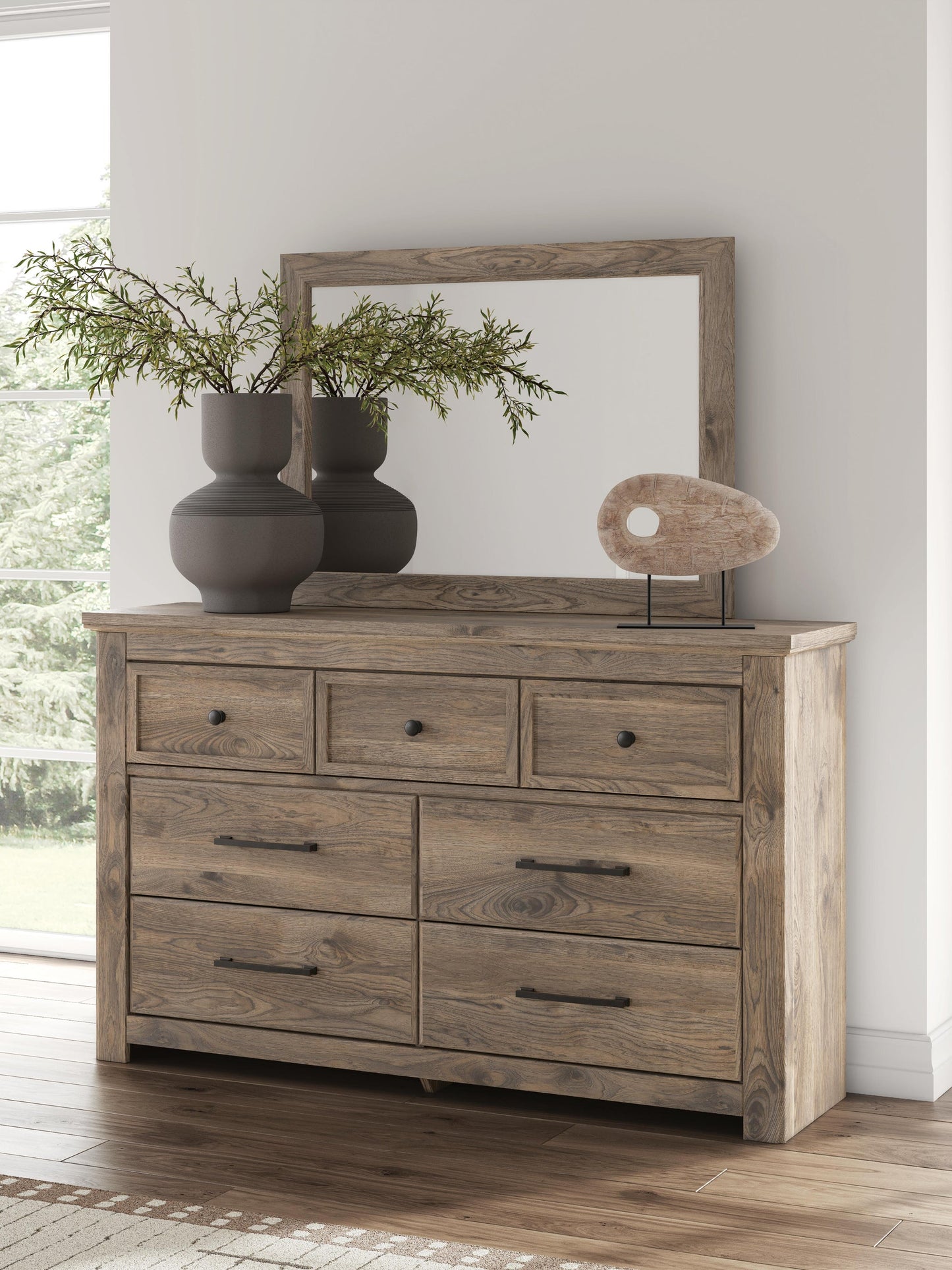 Keithland Queen Poster Bed with Mirrored Dresser and Nightstand