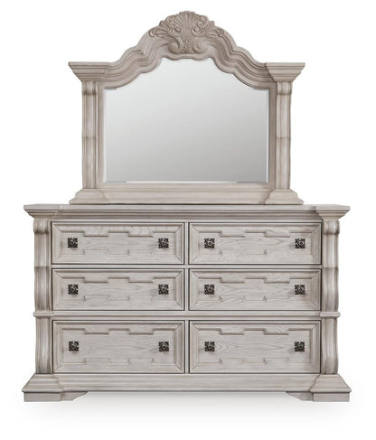 Andonhall California King Upholstered Panel Bed with Mirrored Dresser and Nightstand