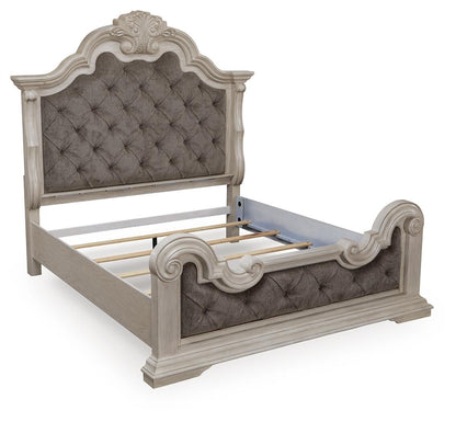 Andonhall California King Upholstered Panel Bed with Mirrored Dresser and Nightstand