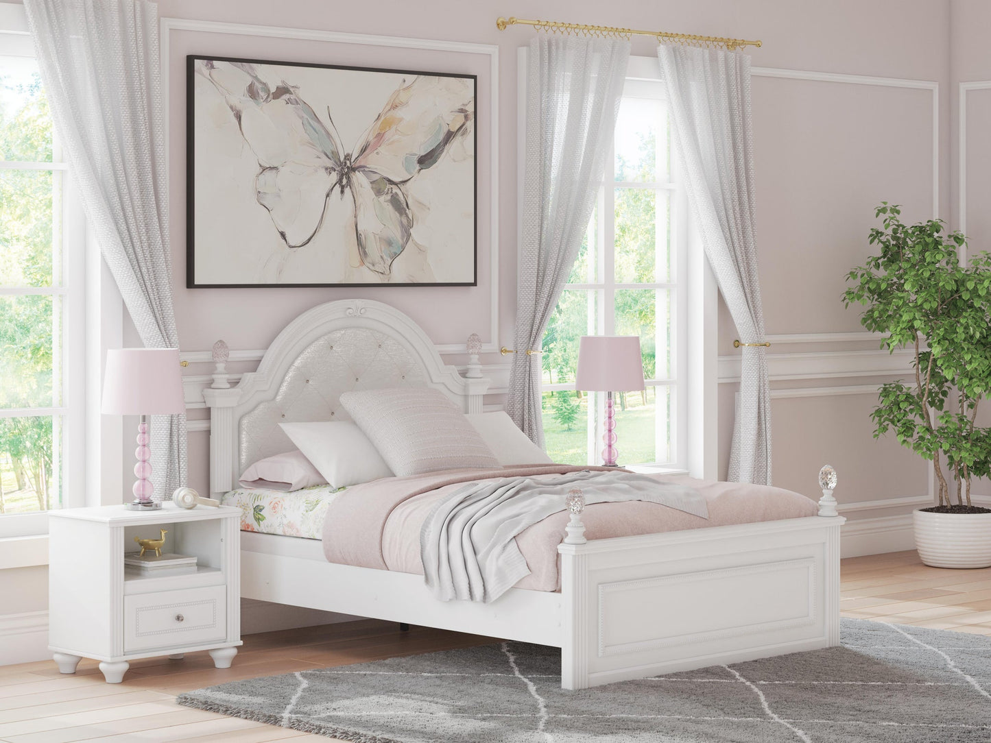 Maylilly Full Upholstered Panel Bed, Dresser and Mirror