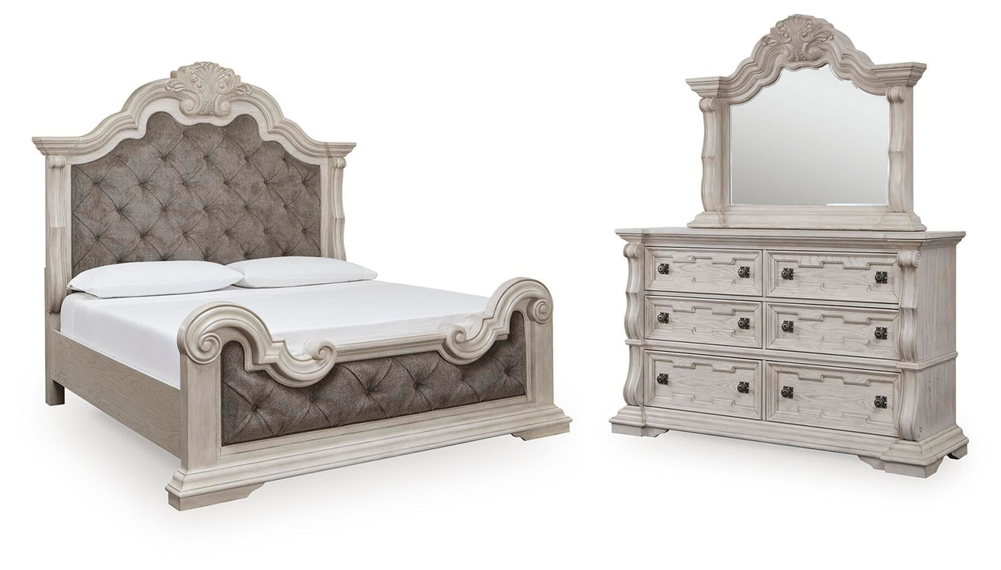 Andonhall King Upholstered Panel Bed with Mirrored Dresser
