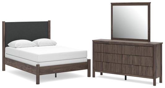 Cadmori Full Upholstered Panel Bed, Dresser and Mirror
