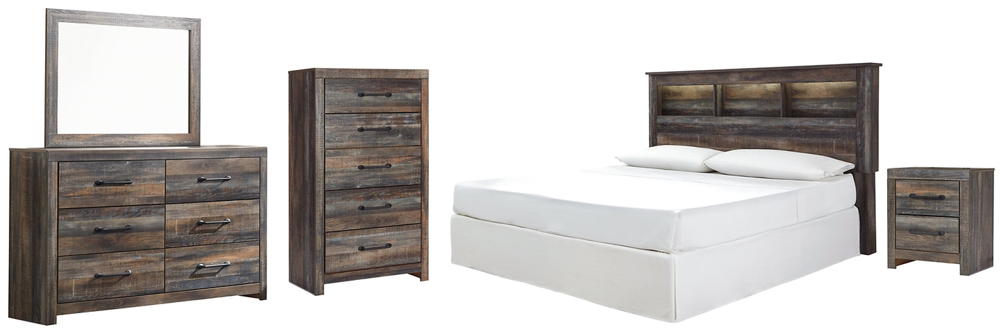 Drystan King/California King Bookcase Headboard with Mirrored Dresser, Chest and Nightstand
