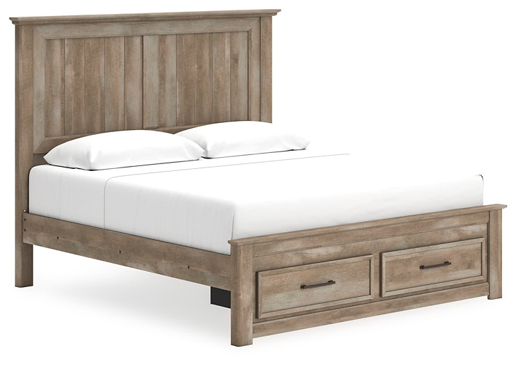 Yarbeck King Panel Bed with Storage with Mirrored Dresser and Nightstand