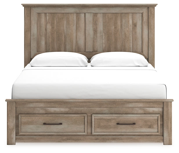 Yarbeck King Panel Bed with Storage with Mirrored Dresser and Nightstand