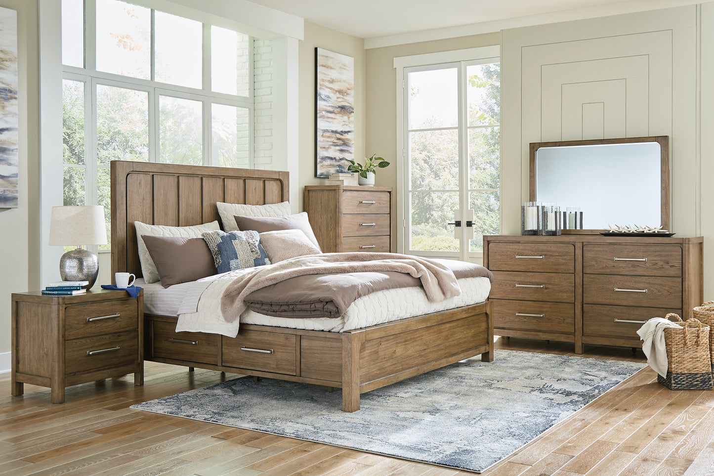 Cabalynn King Panel Bed with Storage with Mirrored Dresser, Chest and Nightstand