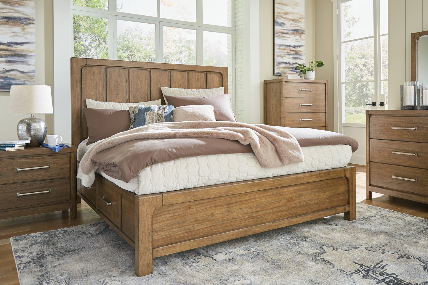 Cabalynn King Panel Bed with Storage with Mirrored Dresser, Chest and Nightstand